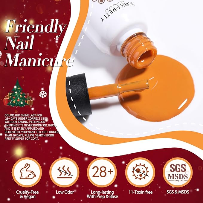 Born Pretty Gel Nail Polish Set,33PCS Fall Winter Burgundy Red Green Orange Brown Pumpkin Glitter Gel Polish Kit with Base Glossy Matte Top Coat Halloween Christmas Gifts for Salon DIY
