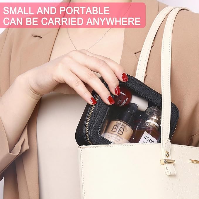 Pinkmik Small Makeup Bag Mini Clear Cosmetic Makeup Case & Toiletry Bag with Zipper Women's Purse Organizer & Car Essentials (Black, MINI)