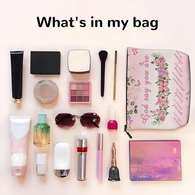 MOLAIGIN Prayers Religious Inspirational Positive Thoughts And Quotes Pink Rose Butterfly Cosmetic Bag For Women, Travel Makeup Bag, Toiletry Zipper Bag, Large Capacity Aesthetic Cases