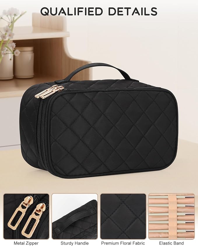 Relavel Makeup Bag, Small Makeup Bag for Women, Travel Cosmetic Bag, 2 Layers Waterproof Makeup Organizer Storage with Makeup Brush Holder, Black