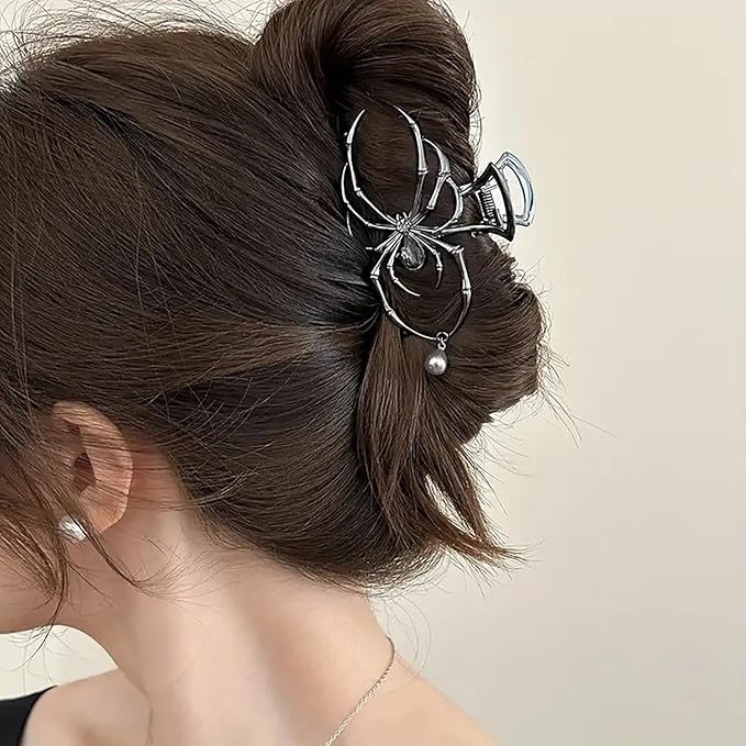 3Pcs Halloween Black Spider Web Bat Pearl Spiders Hair Claw Clips For Women And Girls Thick Long Hair,Nonslip Skeleton Barrette Headband Hair Styling Accessories For Halloween Gifts