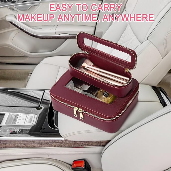 Pinkmik Makeup Brush Bag Slim Clear Makeup Bag Transparent Travel Cosmetic Case & Toiletry Bag with Zipper Small Beatuy Makeup Bag Purse Organizer for Women (X/Burgundy, SLIM)