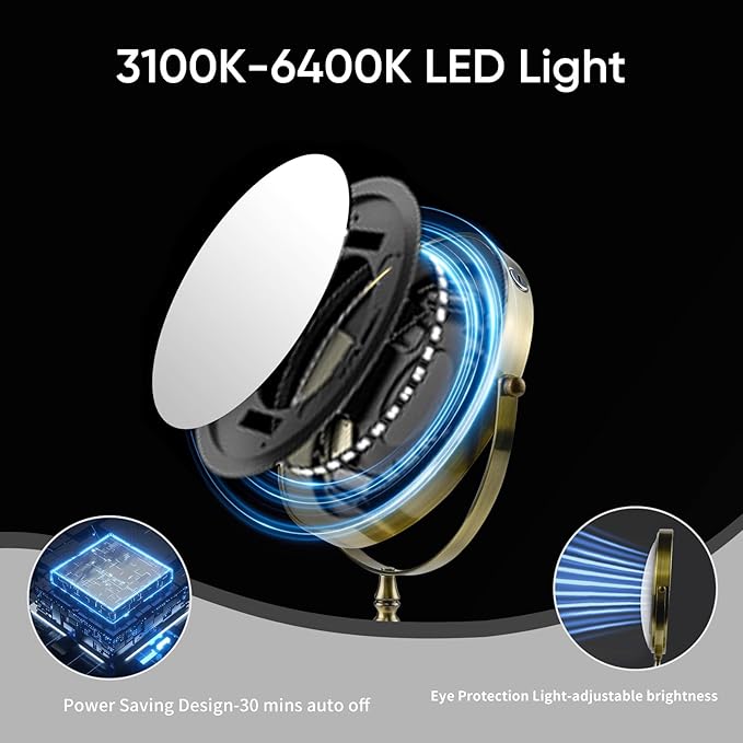 Nicesail Makeup Mirror with Light, Magnifying Mirror with 3 Color Lighting Adjustable Brightness, 360 Rotation Double Sided for Table, Antique Bronze (8 Inch, 7X Magnification)