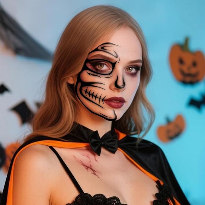 Halloween Face Temporary Tattoo, Spooky Half Face Temporary Tattoos, Face Temporary Tattoo Sticker, Halloween Makeup Tattoo Stickers for Women Adults Halloween Stage Masquerade Party 8Pcs