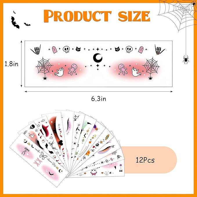 12Pcs Halloween Face Eye Shadow Temporary Tattoos Stickers for Women Girl's kids,Eye Shadow Tattoo Stickers，Halloween Cosplay Party Decorations
