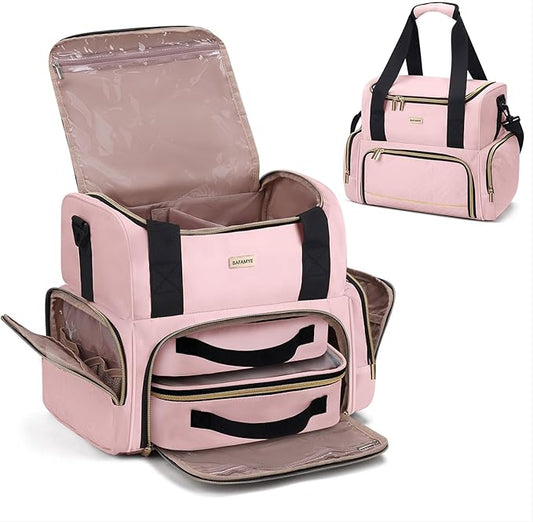 Large Makeup Cosmetic Bag with 2 Removable Case, Double Layer Travel Makeup Organizer Case, travel Toiletry Bag For Women, Pink