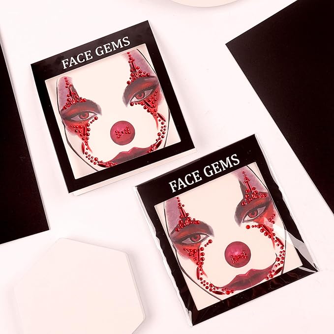 Halloween Face Gems Jewels Tattoos, 2Sheets Day of the Dead Skull Face Temporary Tattoos, Clown Face Makeup Stickers for Halloween Festival Rave Party Outfit