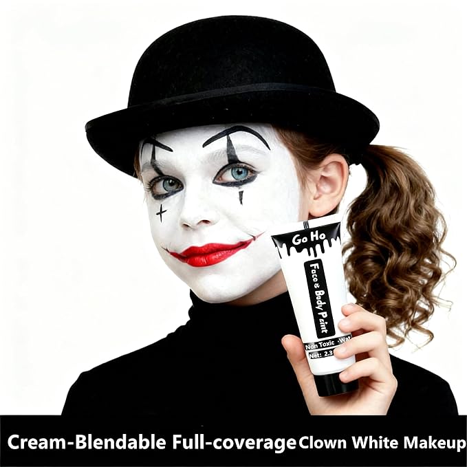 Go Ho White Black Red Face Body Paint Washable(7 oz) for Clown Makeup,Cream Water Based White Black Vampire Skeleton Clown Body Paint for Halloween Costumes Cosplay SFX Makeup