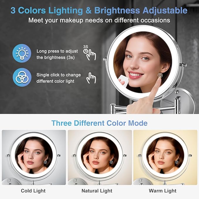 20X/1X Wall Mounted Lighted Makeup Mirror with Light, 8.5'' Double Sided Rechargeable Magnifying Bathroom Mirror, 3 Color Lights Touch Dimmable Extended Arm 360 Rotation Light up Magnification Mirrors