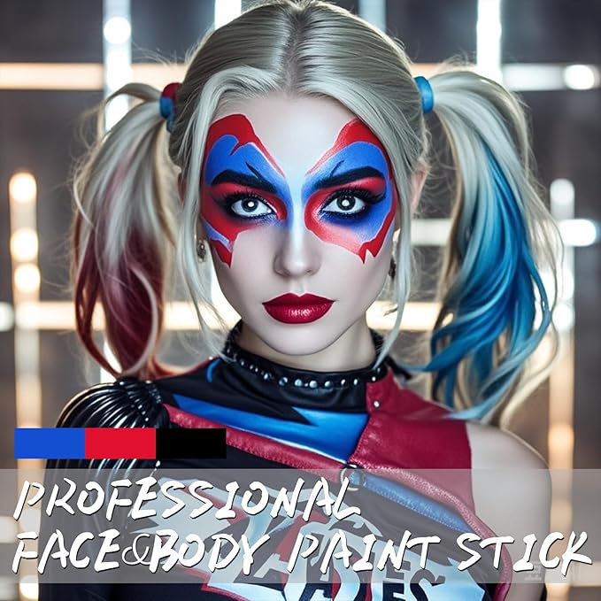 Red & Blue & Black Face Body Paint Stick, Football Baseball Eye Black Stick for Sports, Professional Halloween Face Makeup Kit for Zombie Clown Vampire Joker Costume Makeup