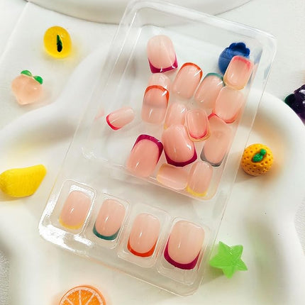 Colorful French Tip Press on Nails Short Square Cute Rainbow Fake Nails Press ons Glossy Full Cover Glue on Nails Natural Nude False Nails Acrylic Stick on Nails for Women Girls 24 Pcs