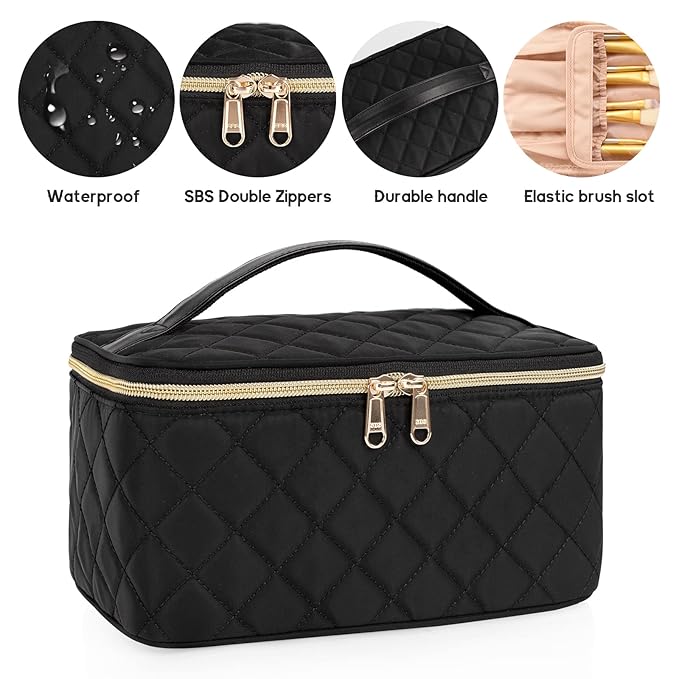 OCHEAL Portable Cosmetic Bag For Women, Large Capacity Travel Makeup Case Organizer, Rhombus Black, Toiletry Bag for Girls Traveling With Handle and Divider
