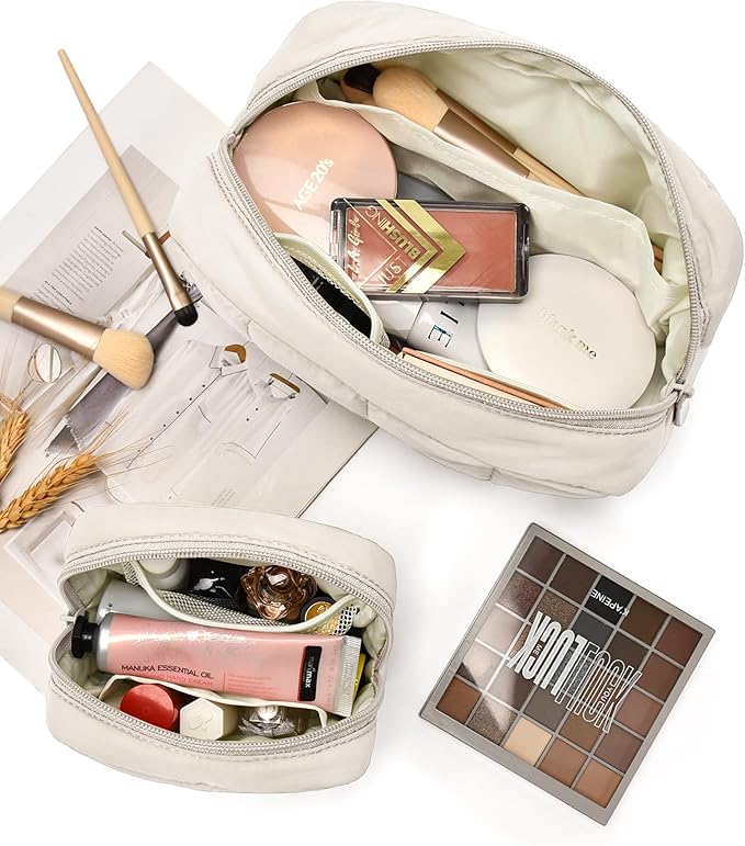 oscaurt 2 Pcs Makeup Bag Travel Toiletry Bag for Women Puffy Padded Cosmetic Pouch Purse Wide-open Makeup Organizer Case Travel Essentials