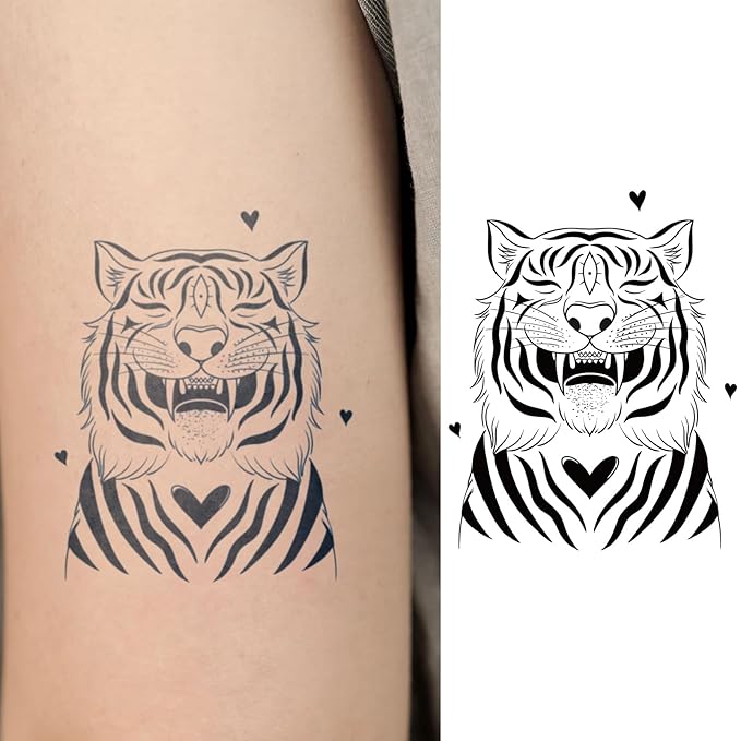 2 Sheets Cute Tiger Temporary Tattoos – Animal Fake Tattoos for Adults, Playful Body Art Tattoo Sticker, Realistic & Long-Lasting for Men & Women