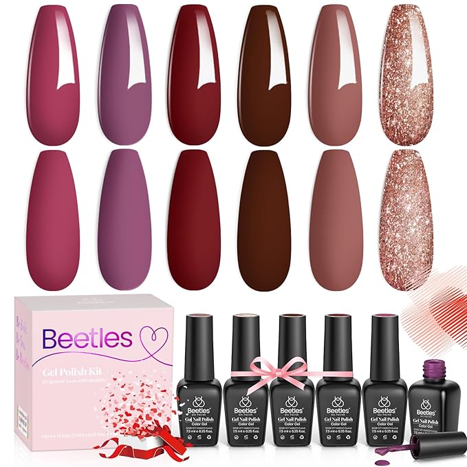 Beetles Fall Gel Nail Polish Set Plum Burgundy Red Brown Glitter 6Pcs Gel Polish Kit Soak Off UV LED Nail Lamp Art Manicure Salon DIY Home Gifts for Women Silent Flower