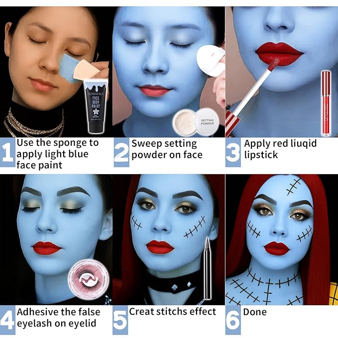 6 PCS Halloween Sally Makeup Set - Includes Light Blue Face Body Paint(60ml), Black Eyeliner, False Eyelashes, Red Lipstick - Oil-Based SFX Face Painting Kit for Costume, Cosplay, Dress-Up Party