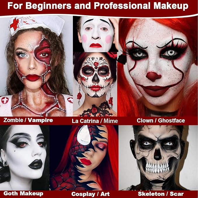 Goth White Black Red Face Paint Makeup Foundation, Clown Halloween White Face Body Paint Makeup Semi-Matte, Non Toxic FX Eye Black Red Body Painting Zombie Vampire Costume Party Cosplay Greasepaint