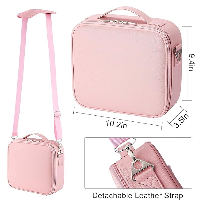 gzcz Makeup Bag Organizer 10.2'' Travel Makeup Train Case Cosmetic Brush Organizer Portable Artist Storage bag with Adjustable Dividers and shoulder strap for Make up Accessories (Cute Pink)