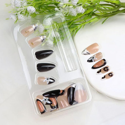 Press on Nails Short Almond Fake Nails with White Flower Stripe Golden Pearl Designs French Tip Nails Press ons Black Nude Glossy Acrylic Nail Winter Stick on Nail for Women 24 Pcs