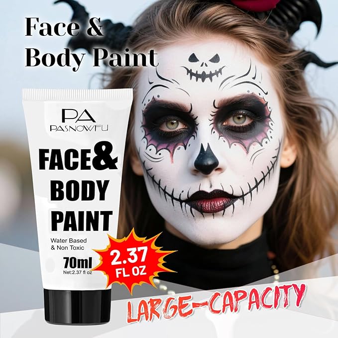 White Face Paint 70ml - Professional Water-Based Body Paint for Skeleton, Clown & Zombie Looks, Non-Toxic Washable Face Body Paint for Halloween SFX Cosplay Makeup ,Costume Events,Party