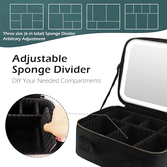 MOMIRA Travel Makeup Bag Cosmetic Bag Makeup Organizer Bag with Large Lighted Mirror 3 Color Scenarios Adjustable Brightness, Waterproof Makeup Travel Case, Large Makeup Train Case Toiletry Gift