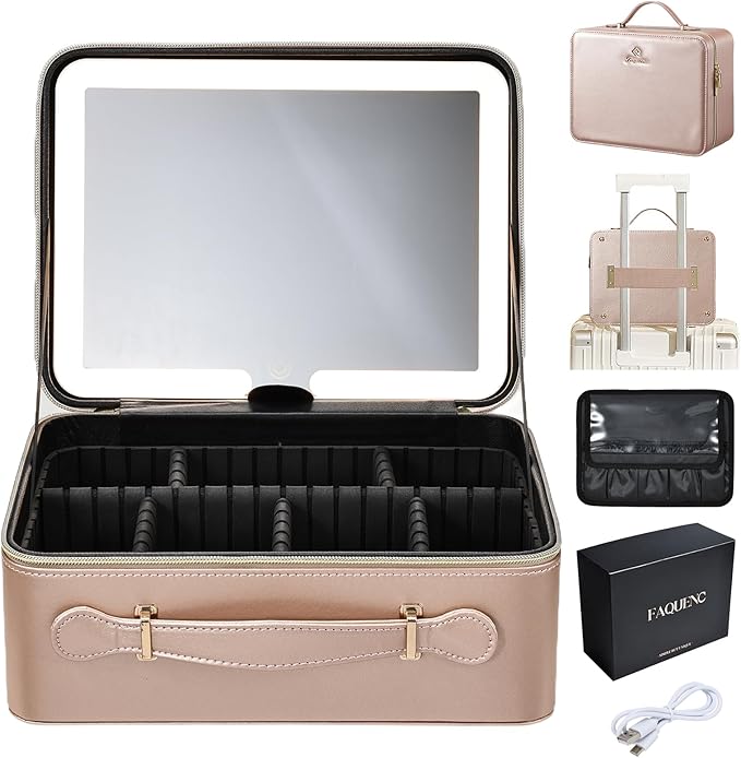 Leather Makeup Case with LED Lighted Mirror 11.4 Inch Travel Makeup Bag Adjustable Brightness in 3 Colors Cosmetic Organizer Artist Storage Bag with Dividers Brush Holder Bag Vanity Champagne Gold