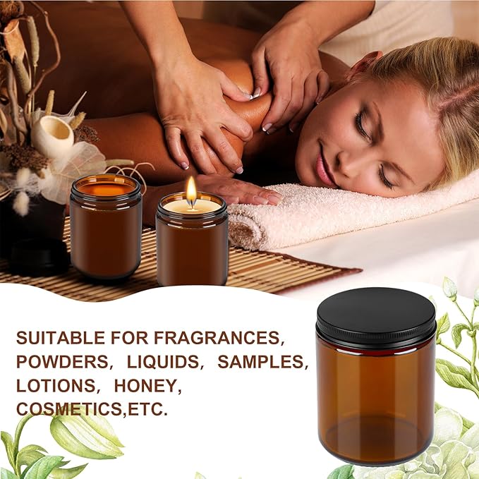 18 Pack Amber Glass Jars, 8 Oz Thick Amber Round Glass Jars, with Black Metal Lids, for Spice, Liquid, Sample, Leakproof and Dishwasher Safe