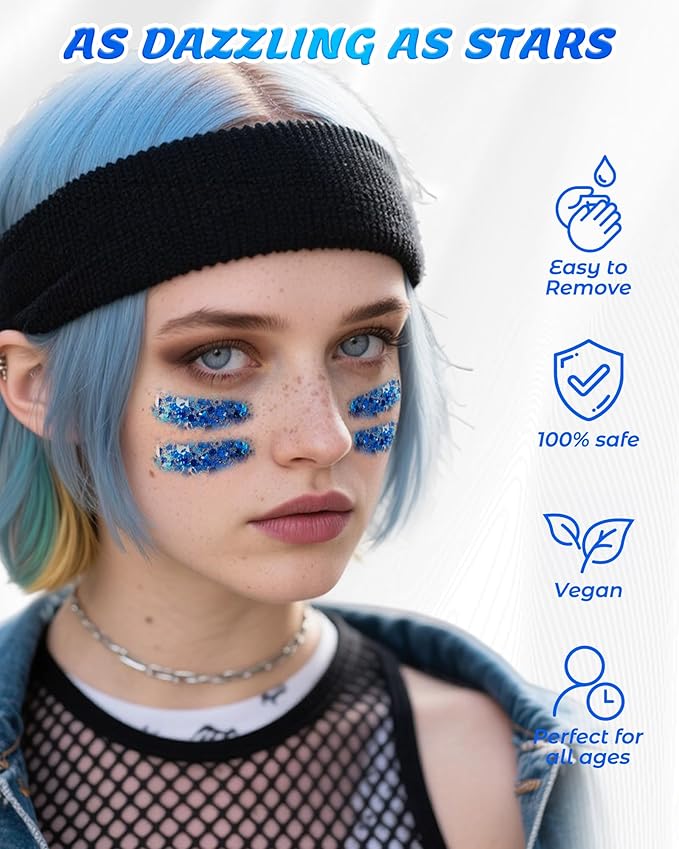 6PCS Blue Face Body Glitter Gel，Holographic Chunky Sequins Body Glitter Paint for Party Singer Concerts Music Festival Rave Accessories for Girls Women Face Body DIY Sparkling Makeup