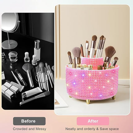 Diesisa Bling Diamond 360° Makeup Brush Holder Organizer, Rotating Makeup Brush Organizer,5 Slot Make up Brushes Cup for Cosmetics, Vanity Desktop Organizer, Gift for Women Teen Girls- Diamond Pink