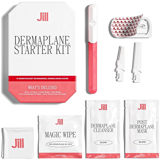 Jill Dermaplane Starter Kit for Women in Rose – Facial Razor & Exfoliating Blade Set with Pre-Shave Magic Wipe, Gentle Skin Cleanser, Glow Moisturizer & 2 Disposable Dermaplane Blades