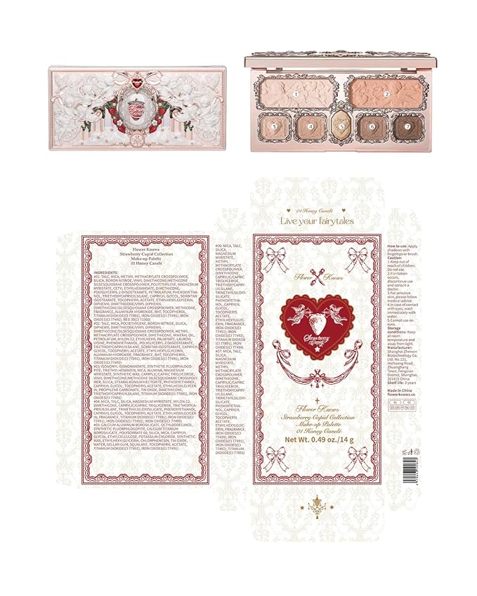 Flower Knows Strawberry Cupid Makeup Palette,Eyeshadow,Blush,Highlighting & Contour All-in-One Face Makeup Palette with 5 Matte+2 Shimmer Neutral Shades(01 Honey Canele,0.49 Oz)