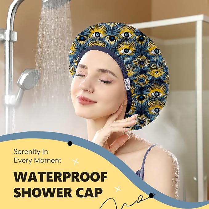 Years Calm Evil Eye Shower Caps for Women Reusable Waterproof, Pattern and Solid Color Dual-Layer Design, Hair Cap for Shower with Elastic Band, Fits Braids, Dreadlocks & Long Hair (Royal Blue)