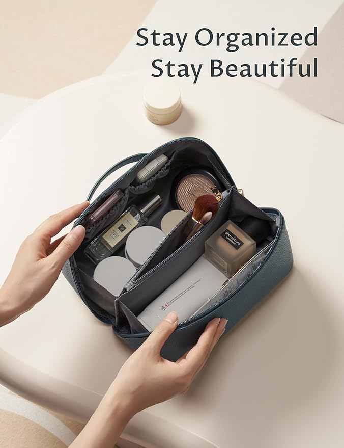 Yarnic Green Travel Makeup Bag Pouch Cosmetic Bag, Large Capacity Toiletry Bag for Women, Portable Pouch Cute Make Up Organizer with Divider and Handle, PU Leather (Gray Green)