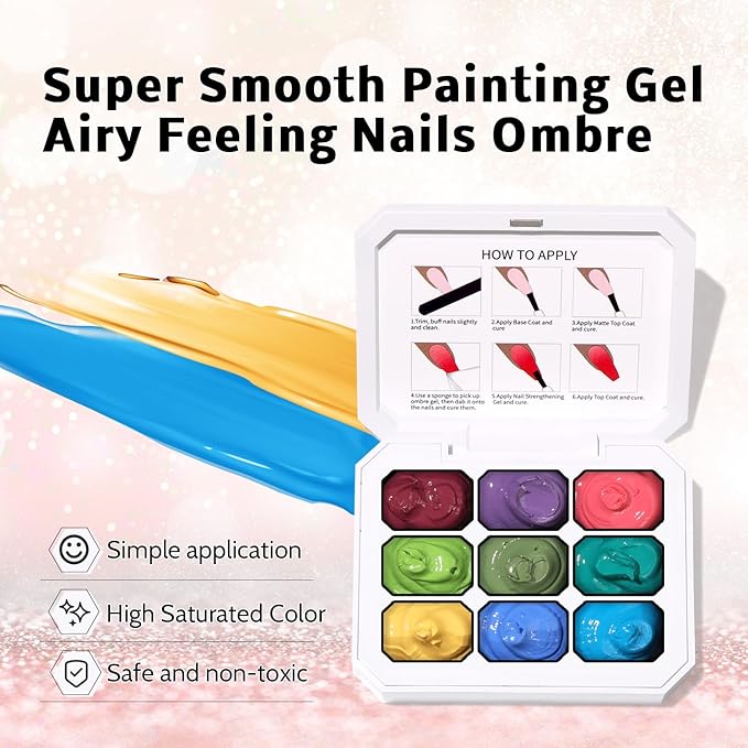 Sponge Pat Paint Nail Gel & Tools Kit, 9 Colors Ombre Nails Gradient Gel Nail Blush Blooming Aura Nails Drawing Stripper Floral Painting Nail Art, No Wipe, UV/LED Curing (9 Colors Set i)