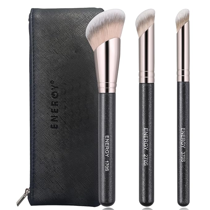 ENERGY Travel Makeup Brush Set with Bag Professional Angled Powder Foundation Bronzer Nose Contour Concealer Brushes for Liquid Cream Blending Face Make Up Applicators