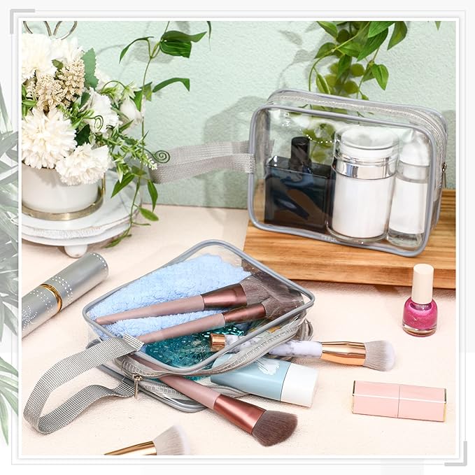 Silkfly Clear Toiletry Bag PVC Travel Cosmetic Bag with Handle Strap Makeup Pouch with Zipper Summer Vacation Salon Graduation Gift End of the Year Gifts(Gray,24 Pack)