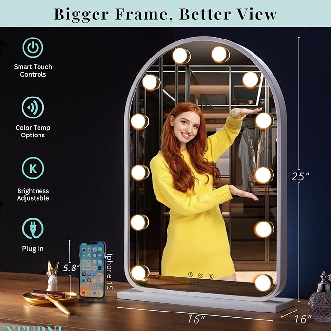 LUXFURNI Vanity Mirror with Lights, 24.5" x 15.8" Arched LED Makeup Mirror, Lighted Hollywood Mirror with Lights, Smart Touch Control Dimmable 3 Modes Light, White