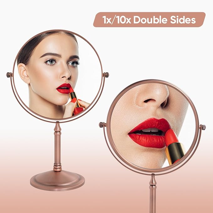 Nicesail 10x Magnified Makeup Mirror for Desk, 10x Magnifying Mirror for Bathroom Countertop, 360 Swivel Vanity Mirror Tabletop Personal Makeup, No Light Double Sided, Matte Rose Gold (8 Inch, 10X)