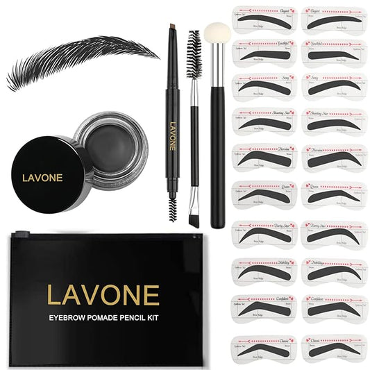 LAVONE Eyebrow Stamp Stencil Kit for Eyebrows, Brow Stamp Trio Kit with Waterproof Eyebrow Pencil, Eyebrow Pomade, 20 Eyebrow Stencils, Dual-ended Eyebrow Brush and Sponge Applicator - Ash Black