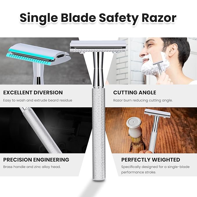 Double Edge Safety Razor With 10 Premium Stainless Steel Reusable Single Blade Razors For Men and Women, Smooth Wet Shave Experience, Glossy Silver