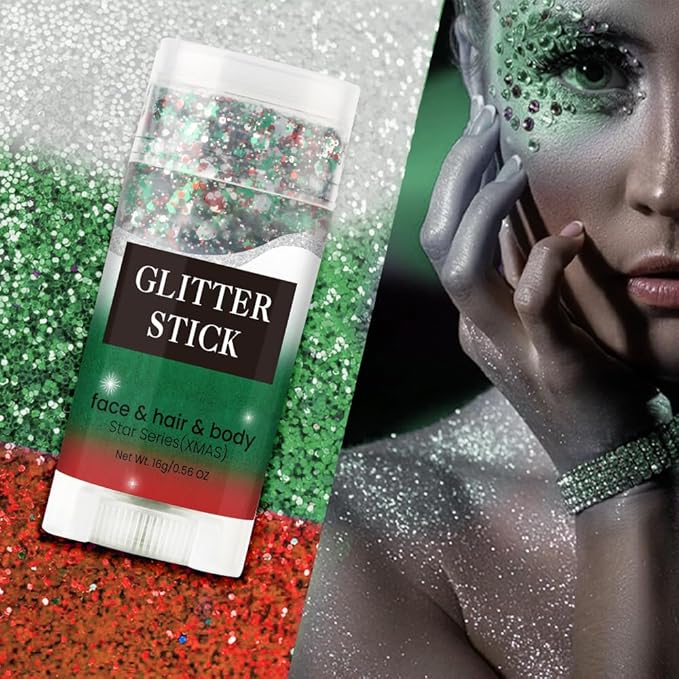 Face and Body Glitter Stick, Singer Concert Music Rave Face Body Sequins Glitter Stick for Women Face/Body/Hair/Eyes/Lip Glitter Makeup. (Red &Green & White)
