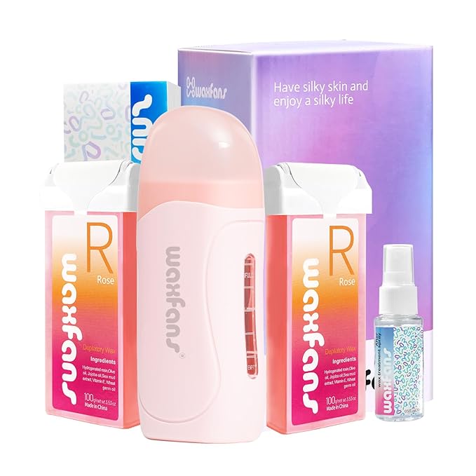 Wax Roller Kit- Easy Use Roll on Wax Kit with 4-6 Weeks Smooth Skin,Hair Remover for Larger Areas of the Body, Beginner-Friendly,with 50 Pcs Strips and 2 wax roller（Rose)