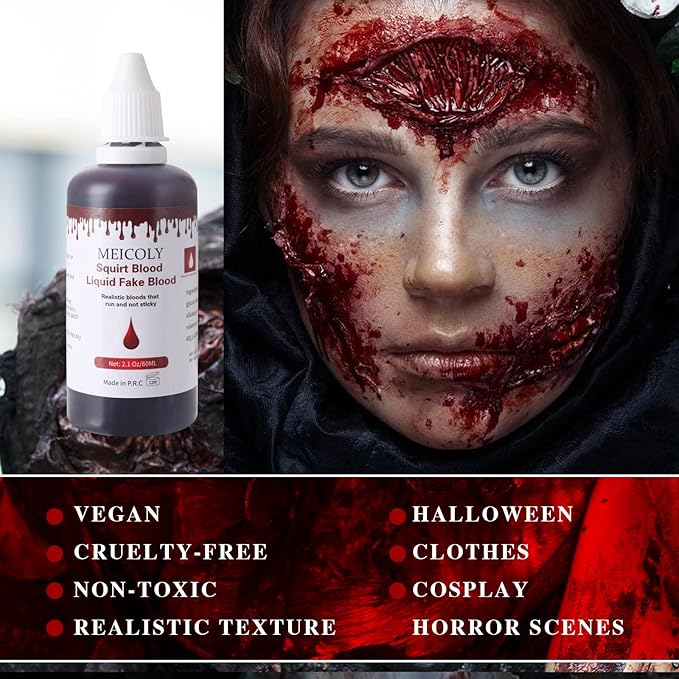 MEICOLY 2.1Oz Halloween Dripping Fake Blood,Safe Realistic Washable Edible Liquid Blood Sangre Falsa with 0.7 Oz Cleaning Soap,Squirt Blood for Clothes,Zombie Vampire Monster,SFX Cut Wound Makeup,Dark