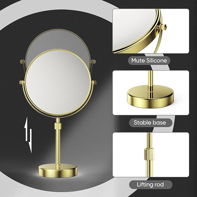 Nicesail Height Adjustable 15~19” Tall Table Mirror, 1X 10X Magnifying Mirror Double Sided for Makeup&Shaving, Desk Vanity Mirror Tabletop 360 Rotation of 8” Face, Bathroom Shiny Gold Makeup Mirror