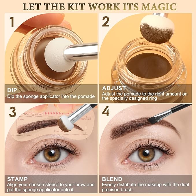 LAVONE Eyebrow Stamp Stencil Kit for Eyebrows, Brow Stamp Trio Kit with Waterproof Eyebrow Pencil, Eyebrow Pomade, 20 Eyebrow Stencils, Dual-ended Eyebrow Brush and Sponge Applicator - Medium Brown