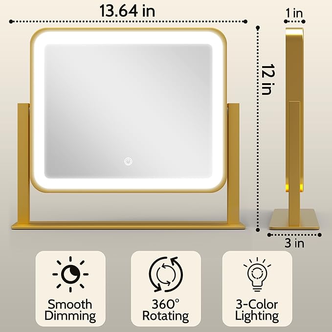Gold Lighted Makeup Mirror, 14"x12" Vanity Mirror with Smart Touch Control, 3-Color Dimmable Lighting, 360° Rotation for Desk or Bedroom