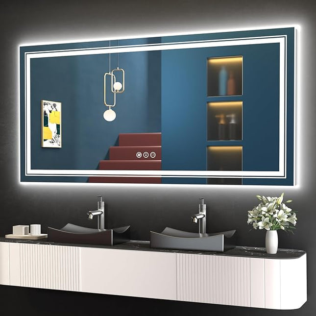 LED Bathroom Mirror, 48"X24" with Front and Backlit, Anti-Fog, Large Bathroom Vanity Mirror for Wall, Memory Function, Stepless Dimmable, Tempered Glass (Horizontal/Vertical)