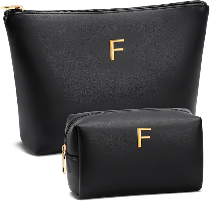 Women Gifts | Initial Makeup Bag Set for Girl Personalized Gifts for Bridesmaid Friend Graduation Teachers PU Leather Cosmetic Travel Toiletry Bag(Black,F)