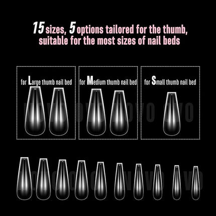 NOVO OVO Long Coffin Nail Tips SCULPTED (Not NATURAL) for Curved Nail Beds, Extra Thick L Length False Nails Press on, Full Cover Soft Gel Fake Nail Extension, Salon DIY x 15 Sizes 450 pcs