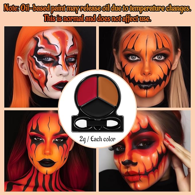 Black Red Orange Face Body Paint with Applicator, Face Painting Kit for Halloween Makeup, Pumpkin, Tiger Costume, Cosplay,Theme Parties, Dress Up - Compact & Portable